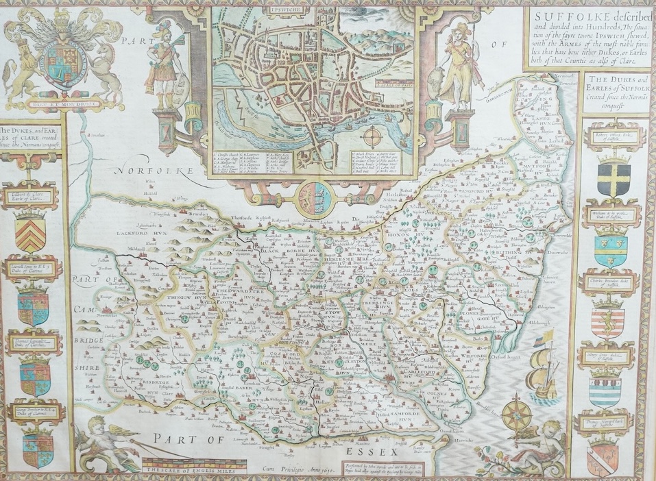 John Speed (1552-1629), Suffolk, described and divided into hundreds, sold by George Humble, hand coloured engraved map, text verso, 40 x 51cm
